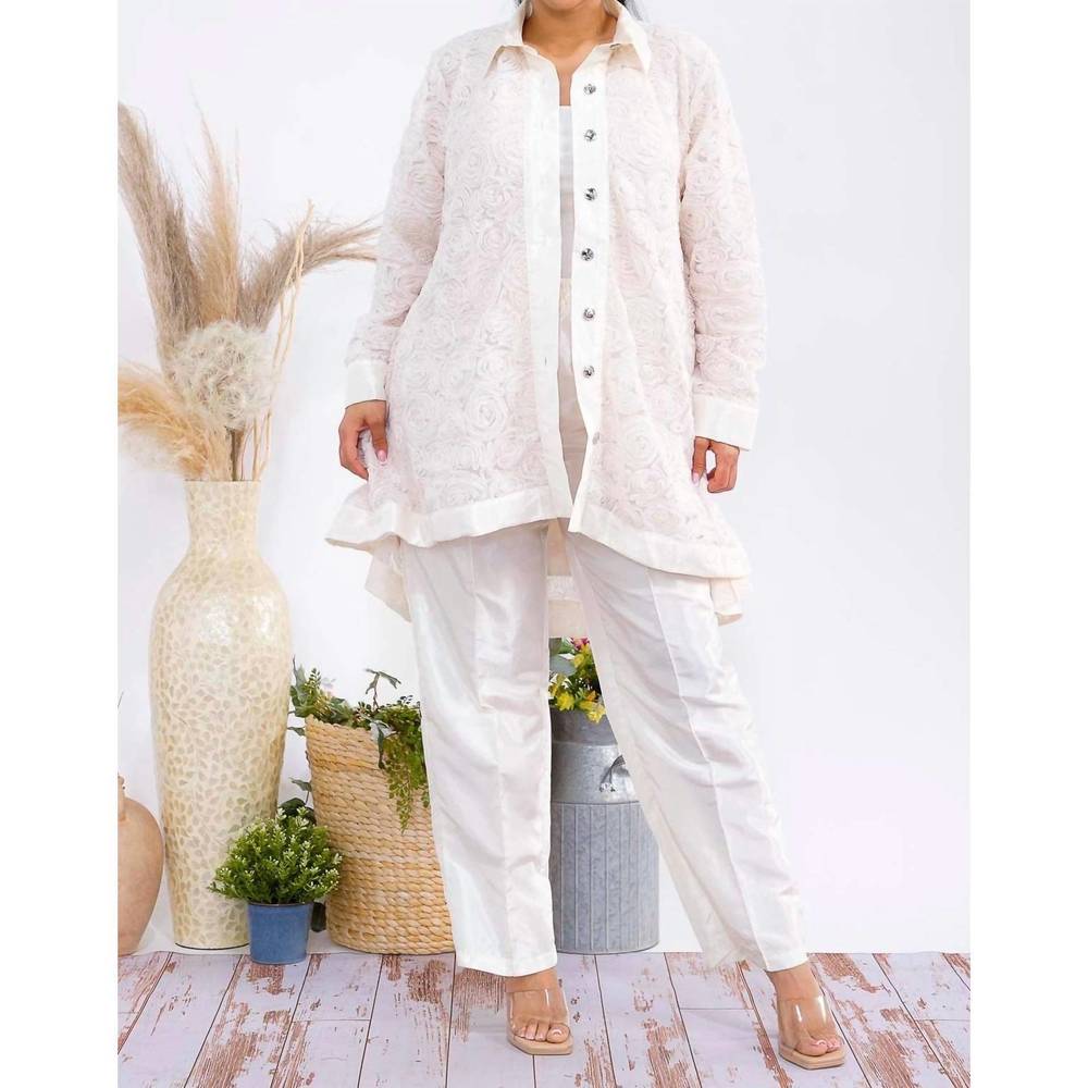 NEW KAREN T DESIGN button down tunic and straight leg pant set in ivory